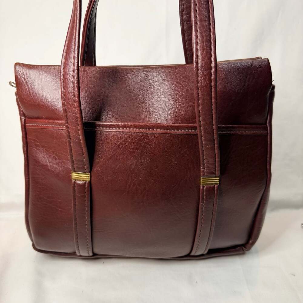 Vintage Burgundy Leather Handbag Tote Purse with Gold Tone Accents